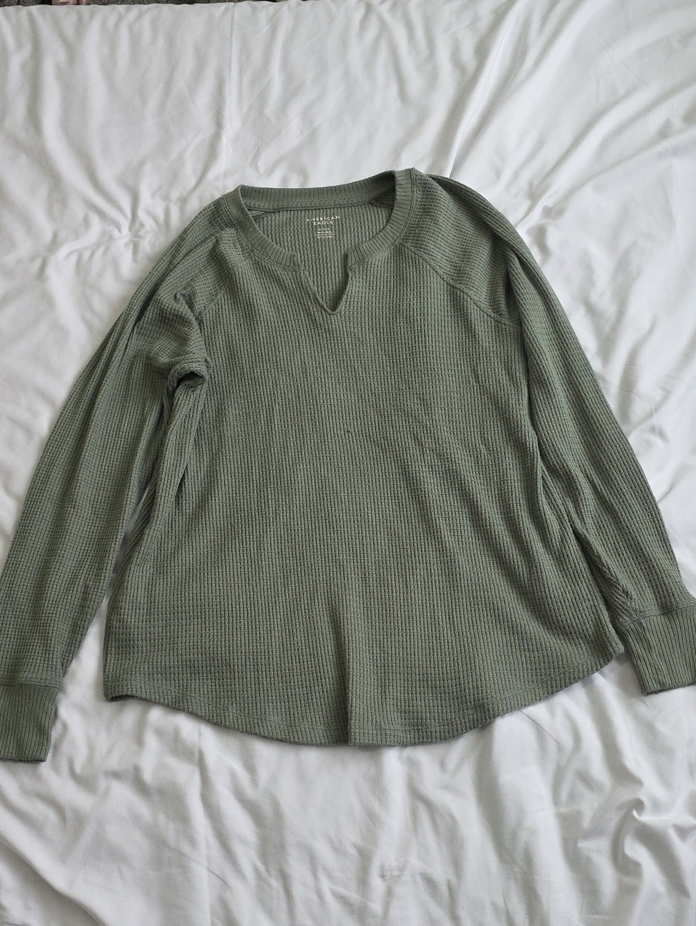American Eagle Outfitters Sage Green Waffle Knit Notch-Neck Sweater